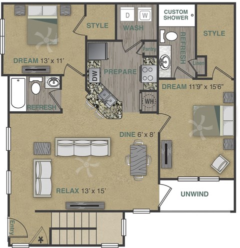 Floor plan for 2 beds, 2 baths, 1243 sqft