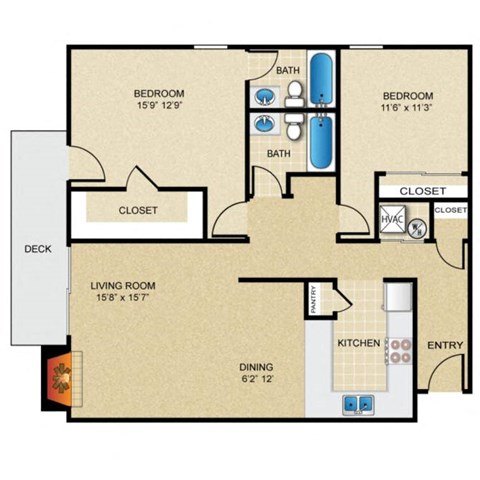Floor plan for 2 beds, 2 baths, 1155 sqft