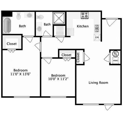 Floor plan for 2 beds, 2 baths, 800 sqft