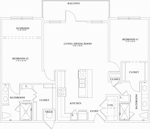 Floor plan for 2 beds, 2 baths, 1272 sqft