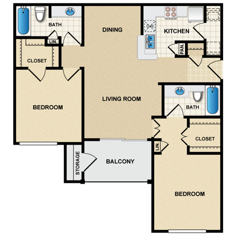 Floor plan for 2 beds, 2 baths, 983 sqft