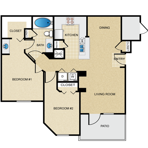 Floor plan for 2 beds, 1 bath, 963 sqft