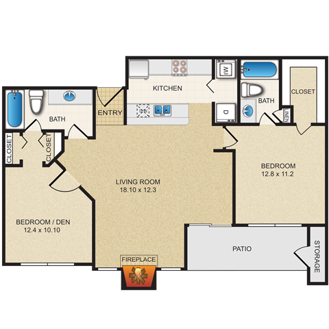 Floor plan for 2 beds, 2 baths, 987 sqft