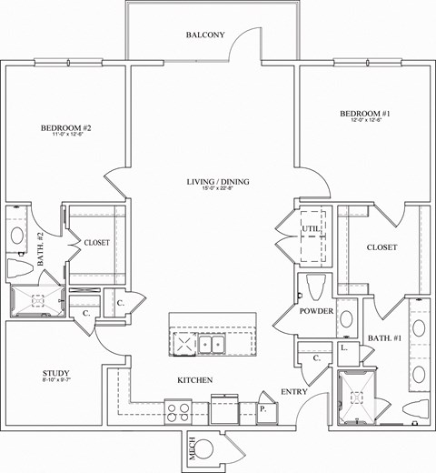 Floor plan for 2 beds, 2.5 baths, 1375 sqft