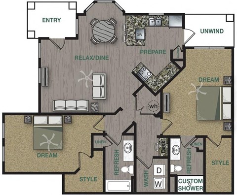 Floor plan for 2 beds, 2 baths, 1328 sqft
