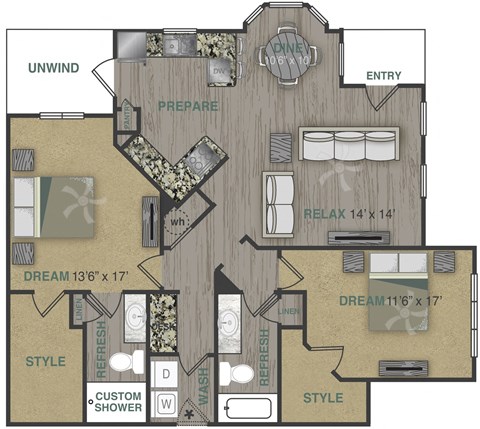 Floor plan for 2 beds, 2 baths, 1328 sqft