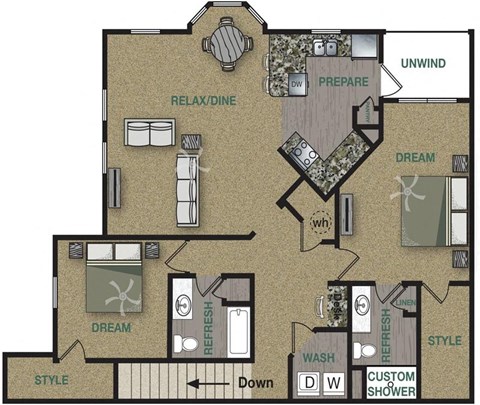 Floor plan for 2 beds, 2 baths, 1402 sqft