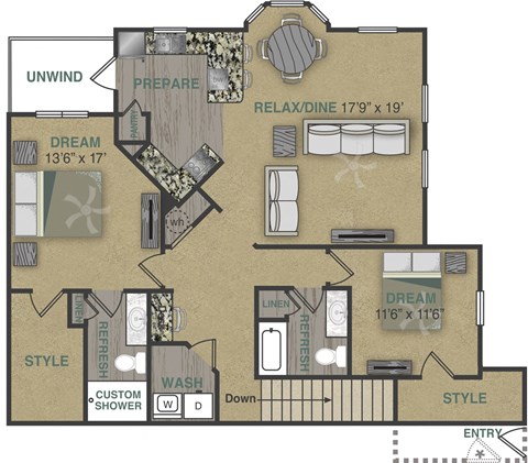 Floor plan for 2 beds, 2 baths, 1402 sqft