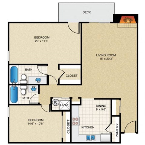 Floor plan for 2 beds, 2 baths, 1170 sqft