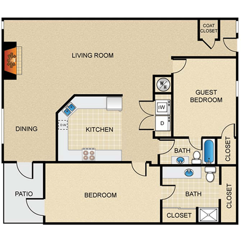 Floor plan for 2 beds, 2 baths, 962 sqft