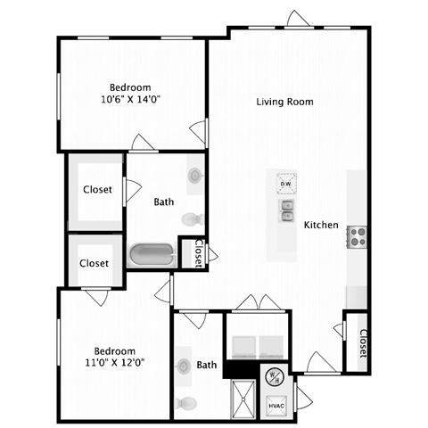 Floor plan for 2 beds, 2 baths, 1195 sqft
