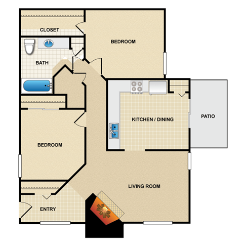 Floor plan for 2 beds, 1 bath, 970 sqft