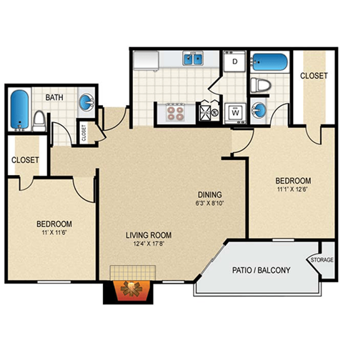 Floor plan for 2 beds, 2 baths, 972 sqft