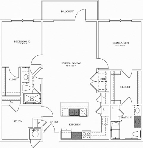 Floor plan for 2 beds, 2 baths, 1349 sqft