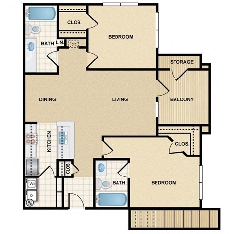 Floor plan for 2 beds, 2 baths, 918 sqft