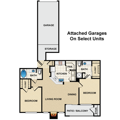 Floor plan for 2 beds, 2 baths, 1088 sqft