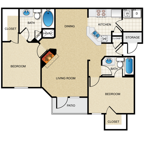 Floor plan for 2 beds, 2 baths, 1094 sqft