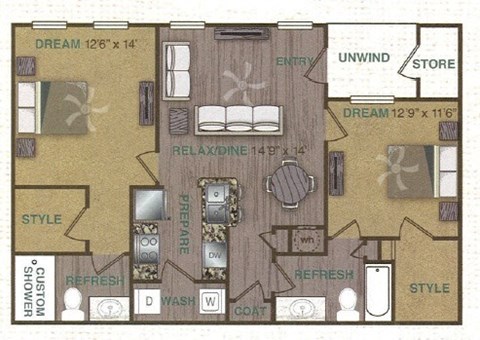 Floor plan for 2 beds, 2 baths, 997 sqft