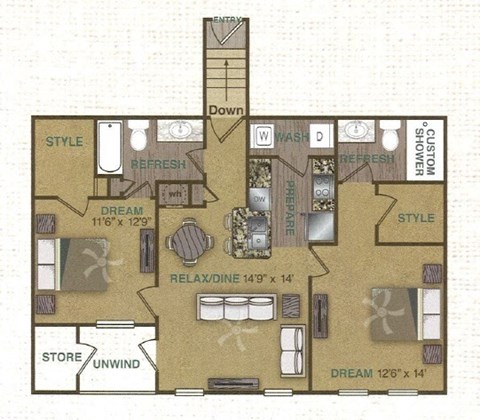 Floor plan for 2 beds, 2 baths, 1075 sqft