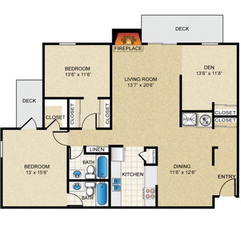 Floor plan for 2 beds, 2 baths, 1420 sqft