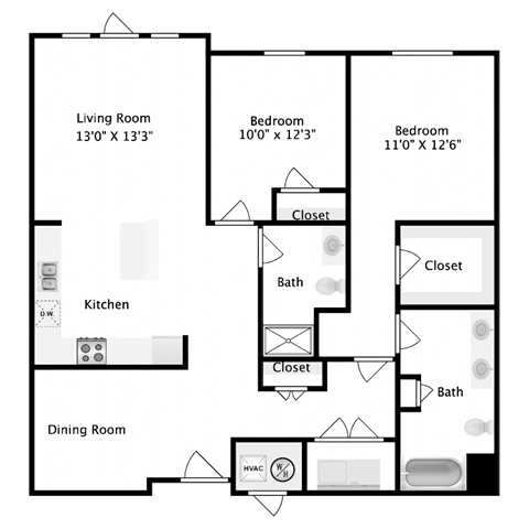 Floor plan for 2 beds, 2 baths, 1298 sqft