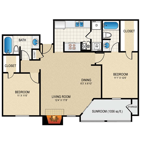 Floor plan for 2 beds, 2 baths, 1056 sqft