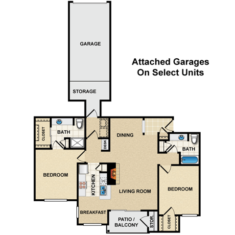 Floor plan for 2 beds, 2 baths, 1185 sqft