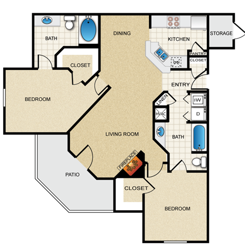 Floor plan for 2 beds, 2 baths, 1137 sqft