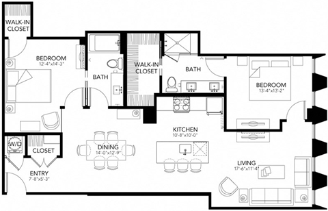 Floor plan for 2 beds, 2 baths, 1148 sqft