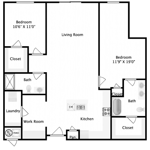 Floor plan for 2 beds, 2 baths, 1282 sqft
