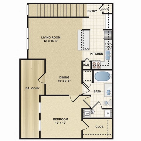 Floor plan for 1 bed, 1 bath, 785 sqft