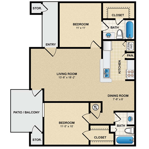 Floor plan for 2 beds, 2 baths, 900 sqft