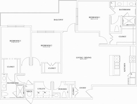 Floor plan for 3 beds, 2.5 baths, 1561 sqft