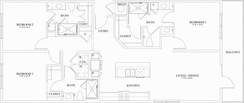 Floor plan for 3 beds, 3 baths, 1436 sqft