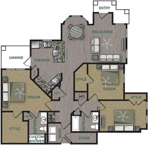 Floor plan for 3 beds, 2 baths, 1507 sqft