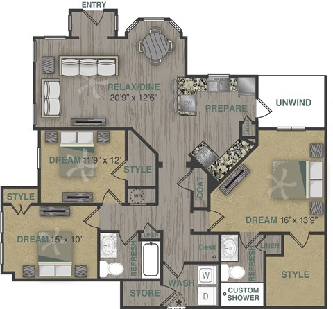 Floor plan for 3 beds, 2 baths, 1507 sqft