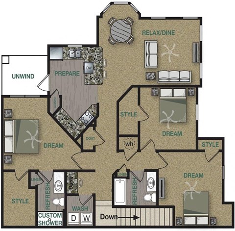 Floor plan for 3 beds, 2 baths, 1570 sqft