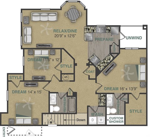 Floor plan for 3 beds, 2 baths, 1570 sqft