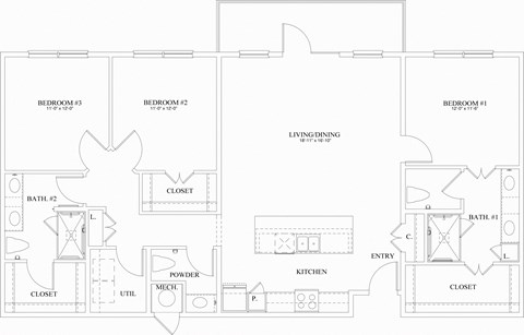 Floor plan for 3 beds, 2.5 baths, 1535 sqft