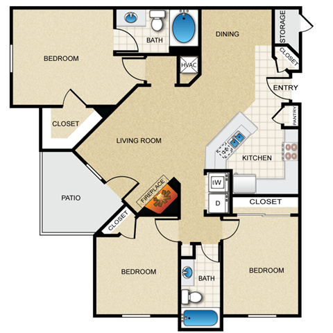 Floor plan for 3 beds, 2 baths, 1262 sqft