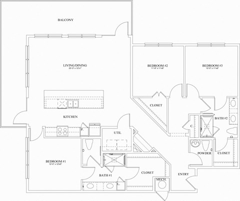 Floor plan for 3 beds, 2.5 baths, 1652 sqft