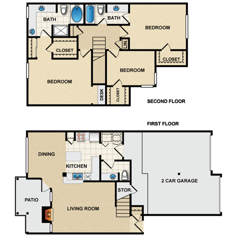 Floor plan for 3 beds, 2.5 baths, 1671 sqft
