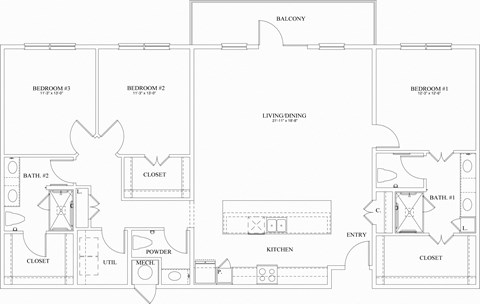 Floor plan for 3 beds, 2.5 baths, 1758 sqft
