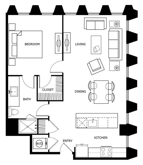 Floor plan for 1 bed, 1 bath, 783 sqft