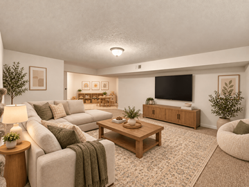 Overland Park townhouse for rent - A living room with a grey couch, a wooden coffee table, and a television on the wall.