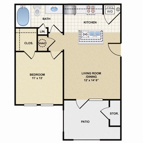 Floor plan for 1 bed, 1 bath, 592 sqft