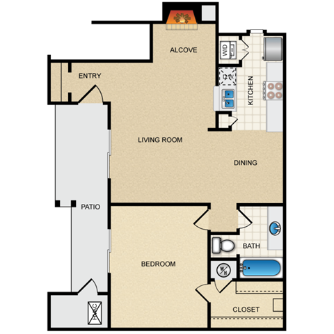 Floor plan for 1 bed, 1 bath, 770 sqft