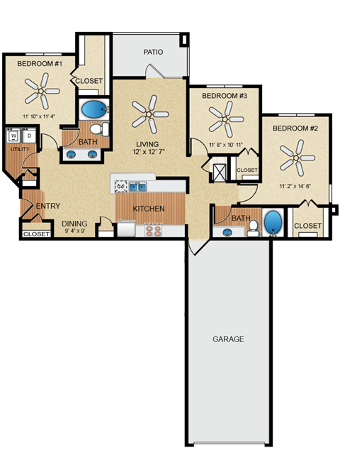 Floor plan for 3 beds, 2 baths, 1415 sqft