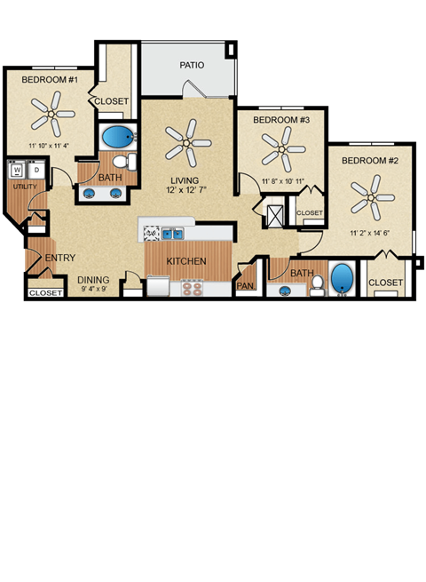 Floor plan for 3 beds, 2 baths, 1415 sqft