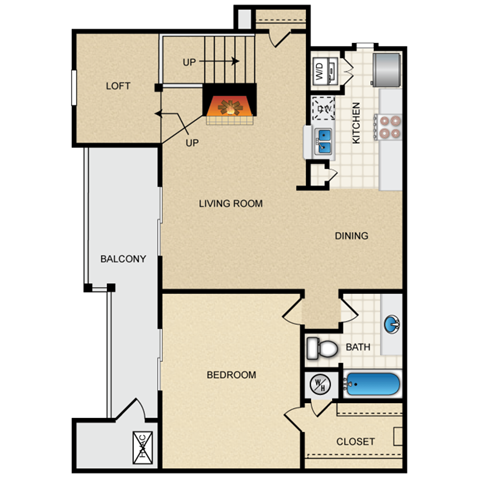 Floor plan for 1 bed, 1 bath, 854 sqft